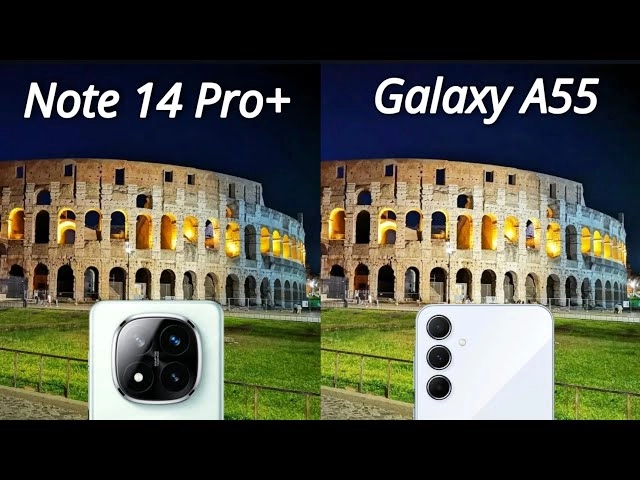 Ảnh chụp từ camera của Galaxy A55, Redmi Note 14 Pro Plus và Reno12 5G trong điều kiện ánh sáng ban ngày và ban đêm.